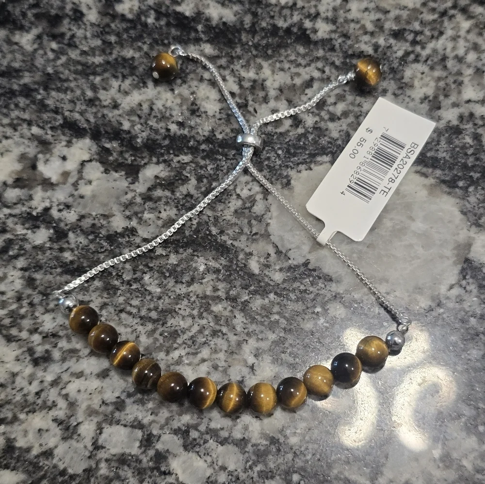 Macy's Genuine Stone Bead Adjustable Bracelet Silver Plate New Women
